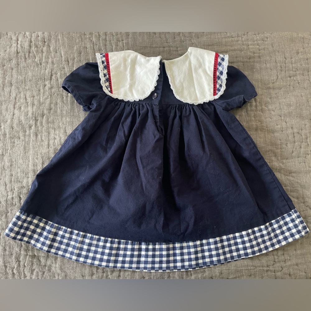Vintage Navy White Dress & Cap Matching Set Rosettes 2T Cotton Gingham Collar - Picture 12 of 12